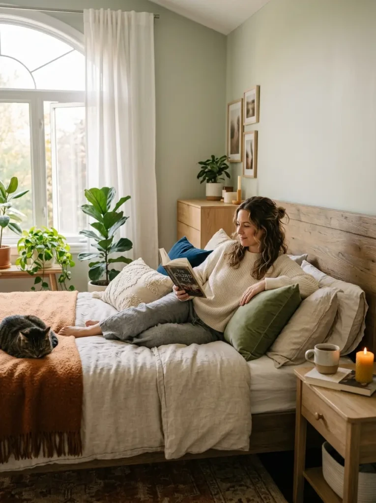Person relaxing in a cozy bedroom with soft lighting and elegant wallpaper wall