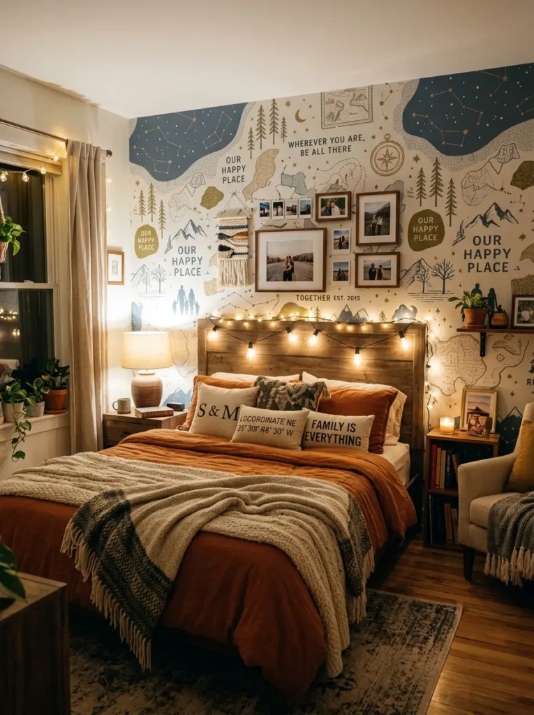 Cozy bedroom with custom wallpaper and meaningful decorative elements