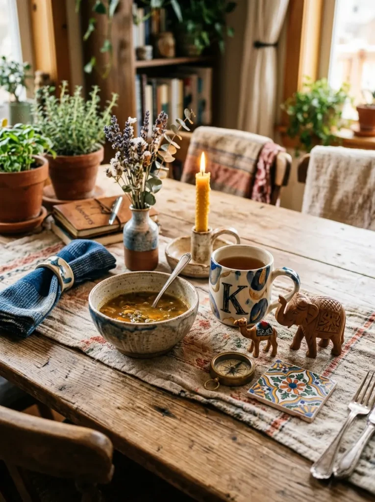 Close-up of a dining space featuring travel souvenirs and handmade ceramics for a personal touch.