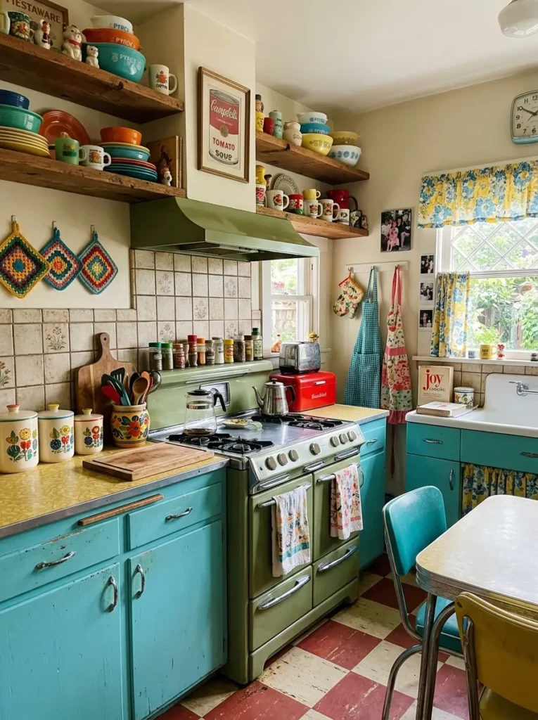 Kitchen filled with collected vintage items creating a warm and lived-in atmosphere.