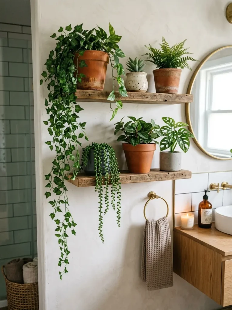 Floating shelves holding ceramic and terracotta planters with cascading faux ivy.
