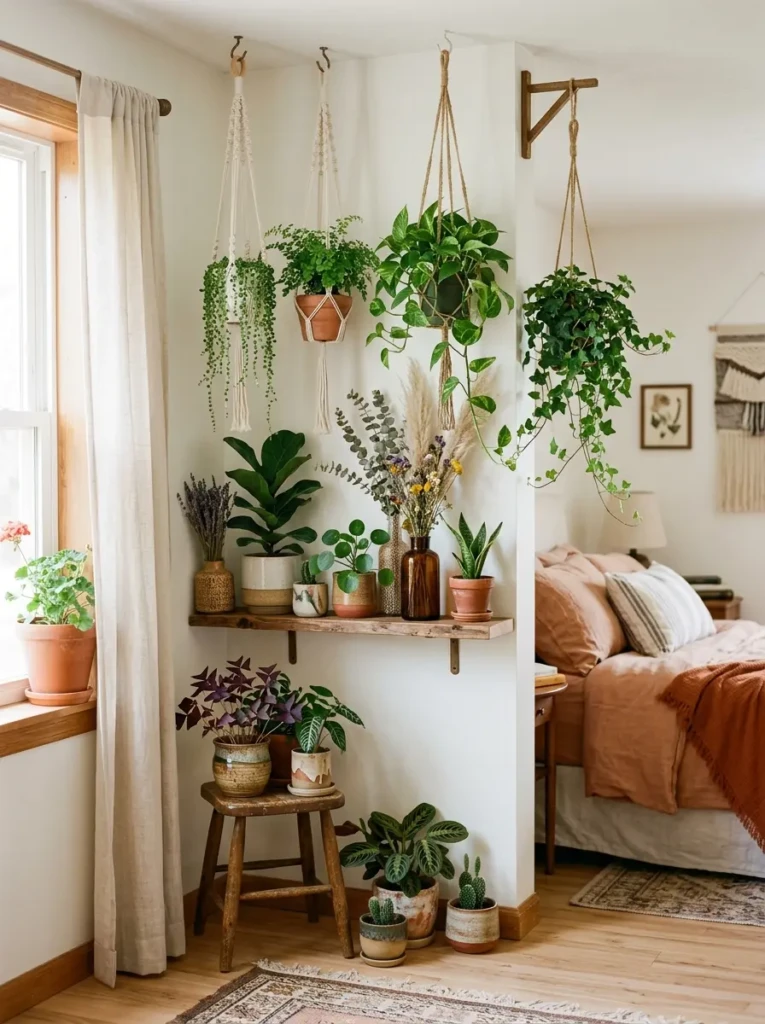 A cozy bedroom corner with hanging planters, small potted plants, and dried flowers arranged beautifully.