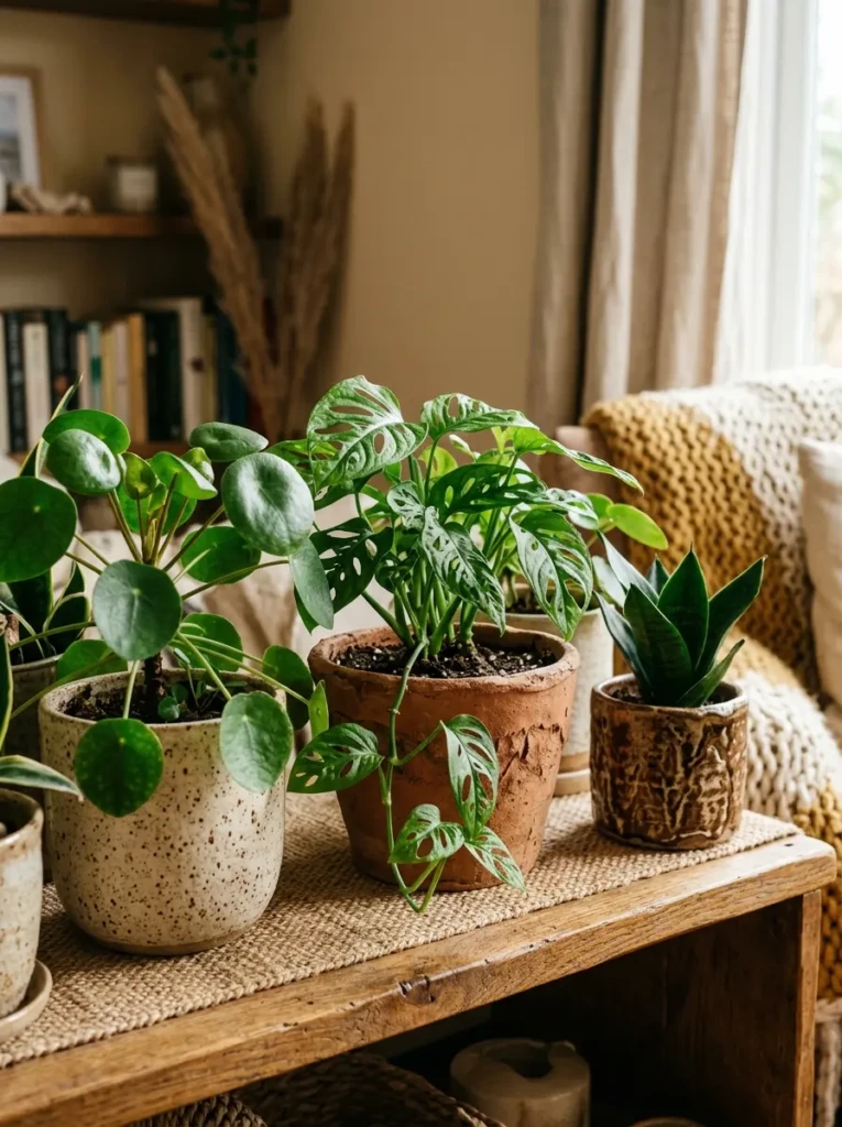 Close-up of indoor plants in textured pots enhancing a cozy living room aesthetic.