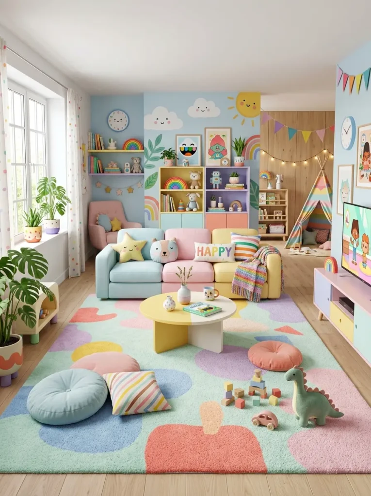 Colorful pastel rug in a playful living room inspired by toca boca living room ideas.