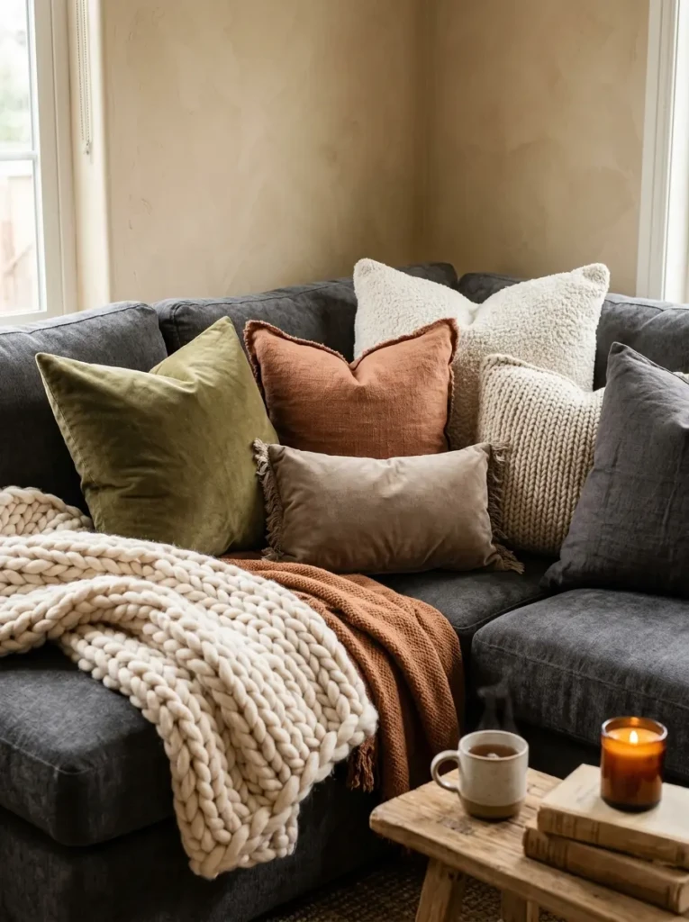 A plush sofa decorated with chunky knit throws and oversized velvet, linen, and boucle cushions.