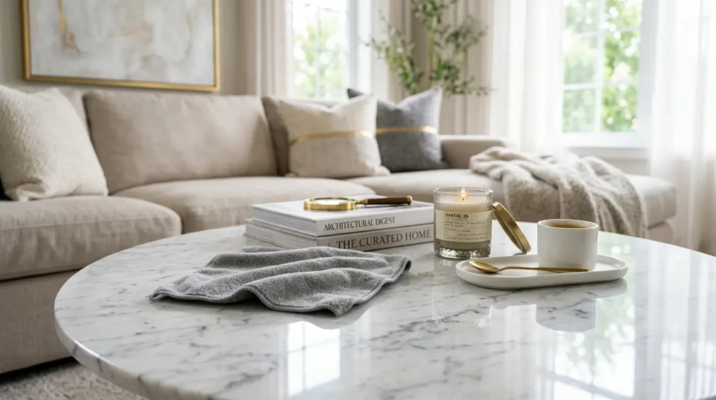 Close-up of a polished marble coffee table being cleaned in a bright and elegant living room setting.