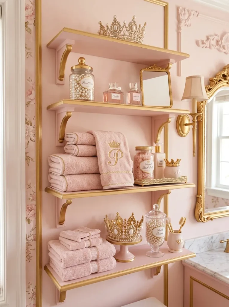 Soft pink bathroom shelves with pearl jars, blush towels, gold accents, and crown decor.
