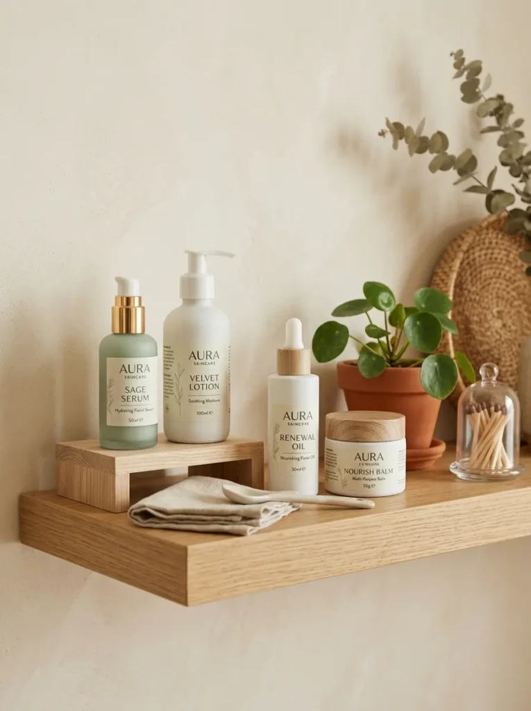 Floating shelf with neatly arranged beauty bottles in soft green, white, and amber packaging.