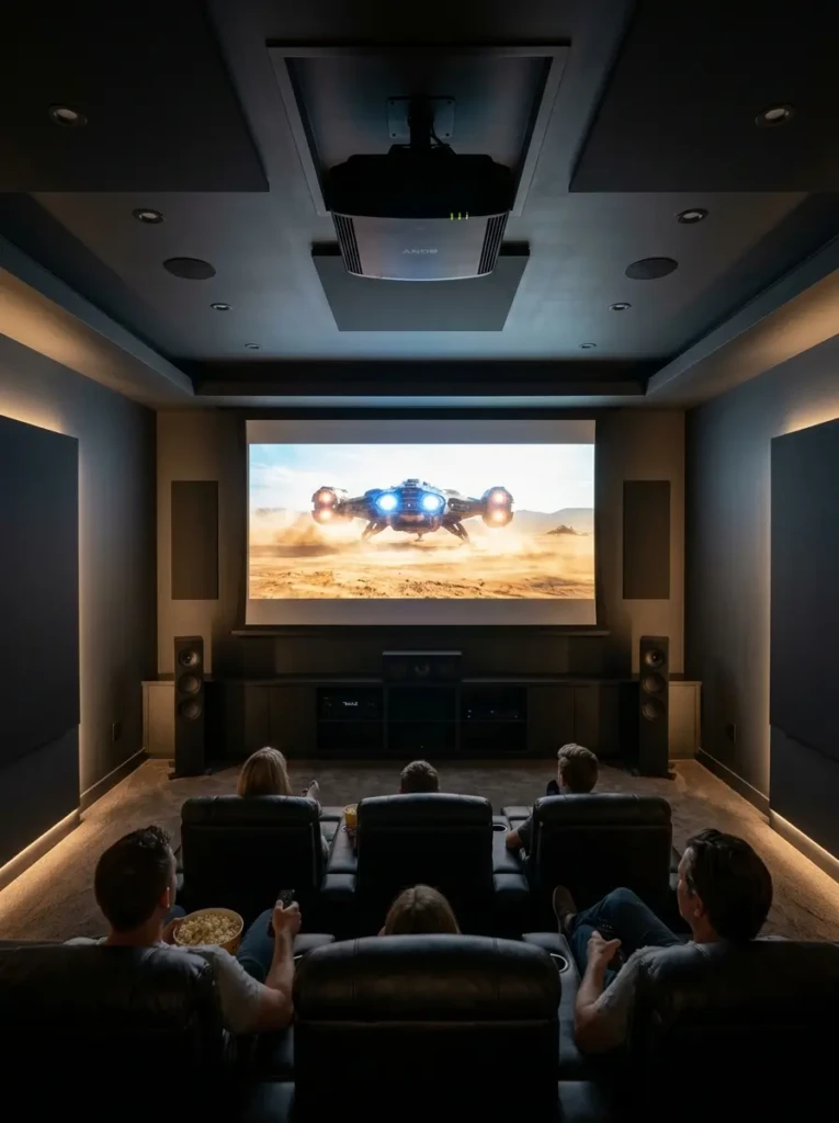 Modern projector room with ceiling-mounted projector, retractable screen, and sleek hidden cable management.