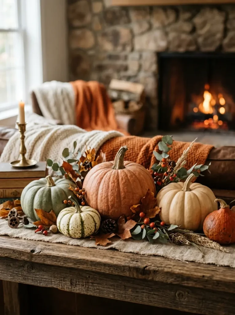 Close-up of pumpkins arranged in odd numbers with soft fall colors on a mantle