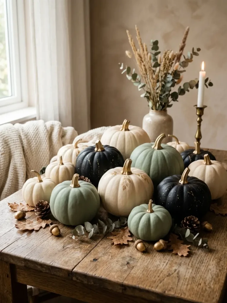 Pumpkins painted in cream, sage, and black tones styled on a wooden surface with soft lighting for a modern Halloween look