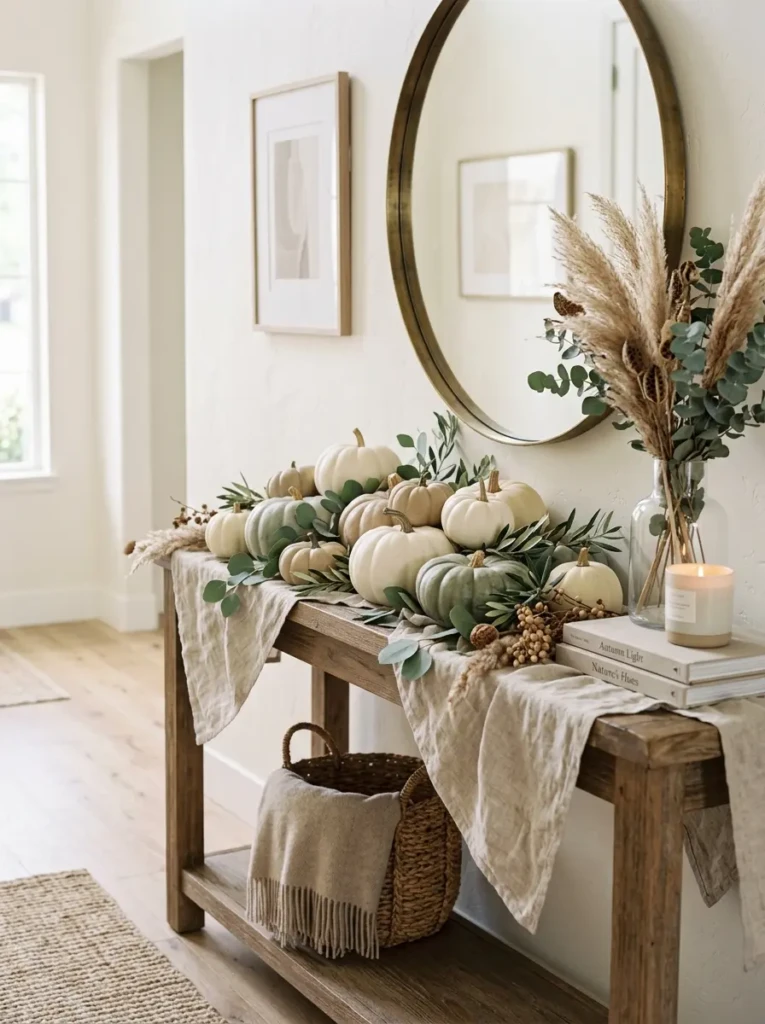 White and beige pumpkins arranged with eucalyptus on a wooden table in a soft, minimal fall decor setting