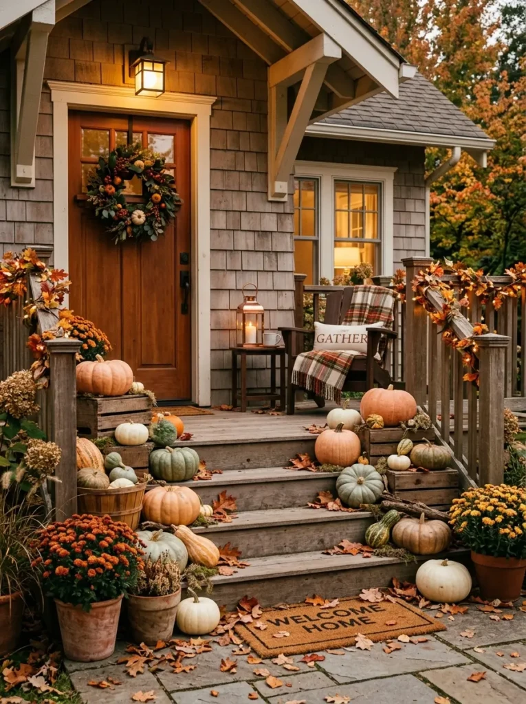 Front porch decorated with layered pumpkins in white, green, and orange tones arranged on crates with dried leaves for a cozy autumn look