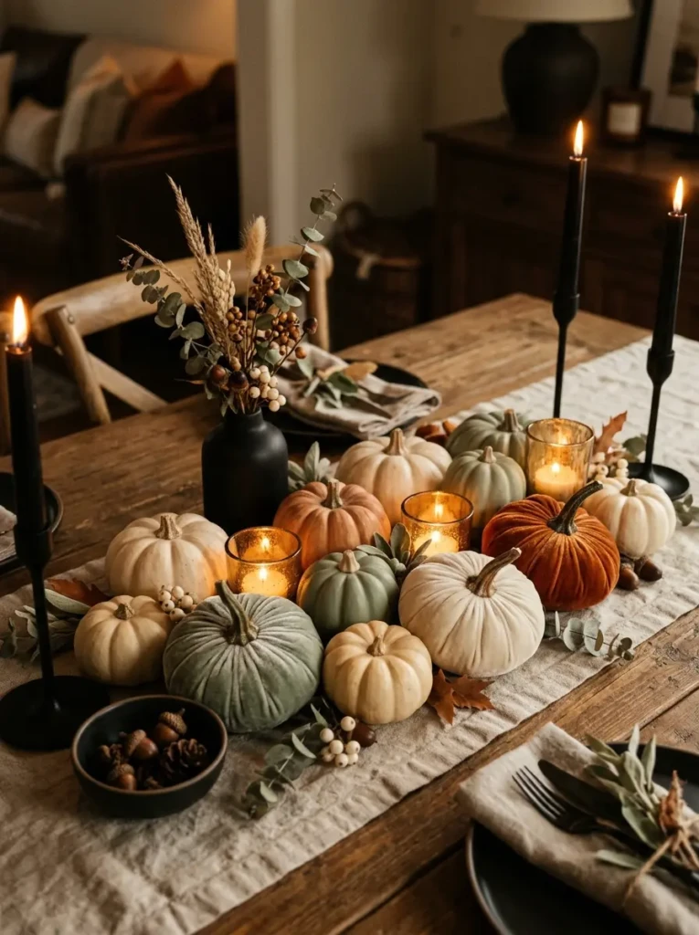 A cluster of cream, sage, and black pumpkins with candlelight on a linen runner creating a cozy Halloween centerpiece