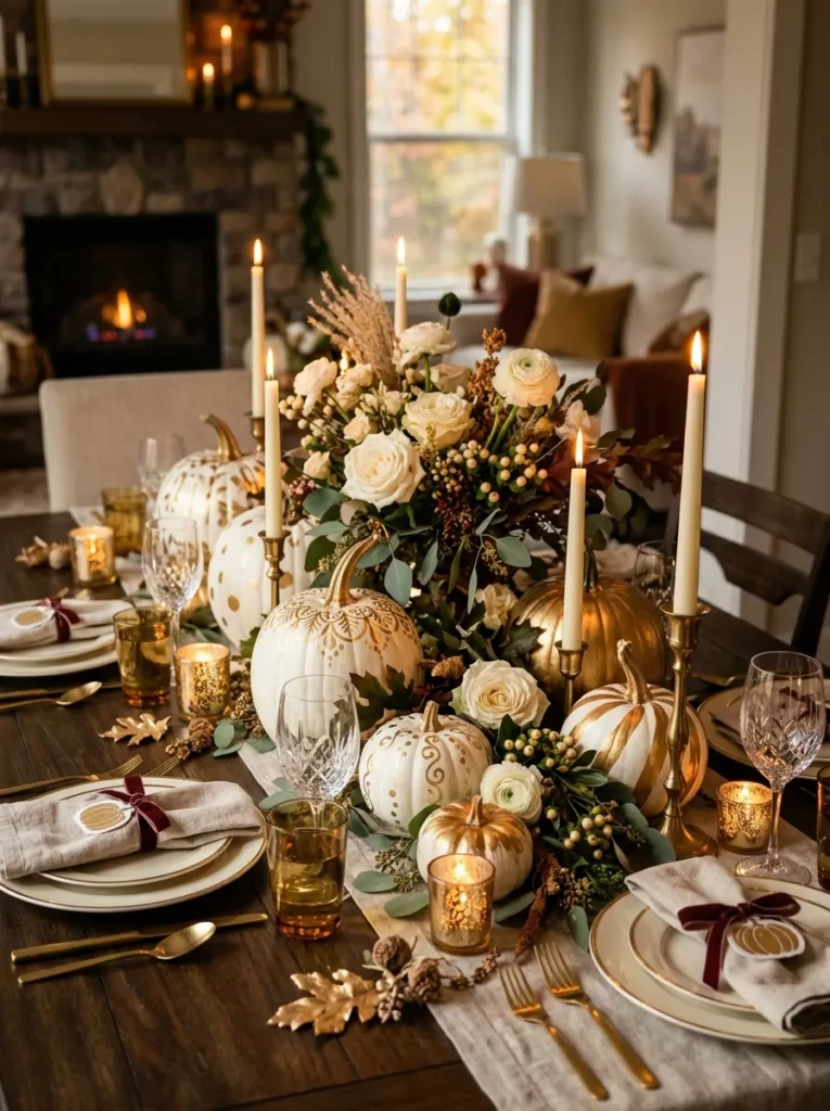 White and gold pumpkins used as floral centerpieces with greenery and candle accents