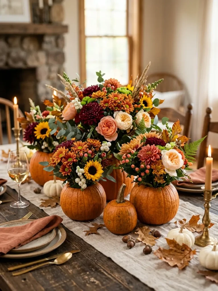 Small pumpkins used as vases filled with flowers arranged on a table for a charming Halloween centerpiece