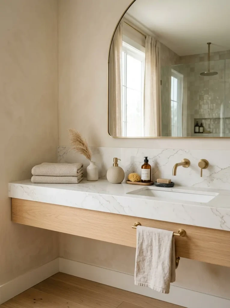 Quartz marble-look countertop styled with linen towels and rounded accessories in a beige neutral bathroom.