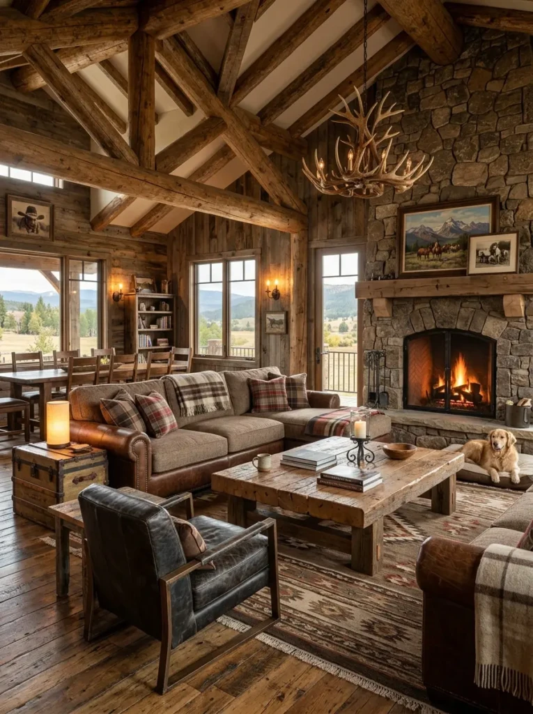 Spacious ranch-style rustic lounge with sectional sofa, leather chairs, wood table, and earthy warm tones.