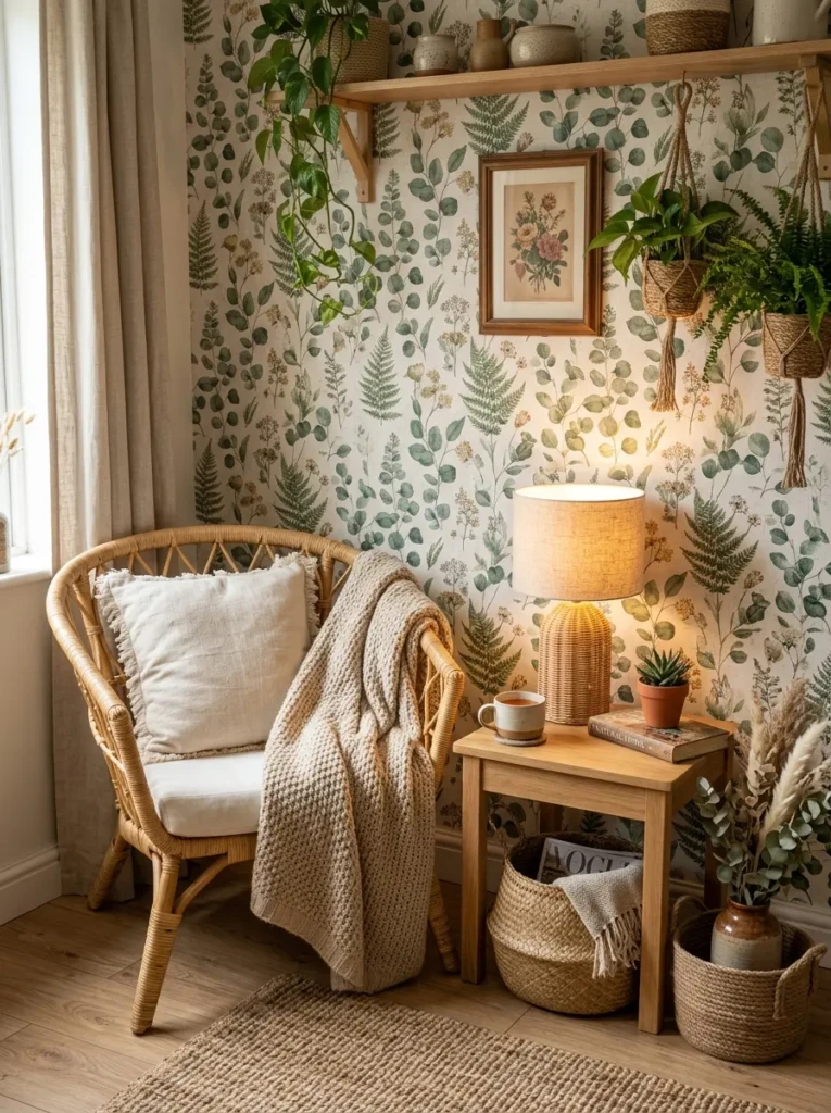 Bedroom details with rattan furniture, woven baskets, and botanical wallpaper creating a warm natural aesthetic