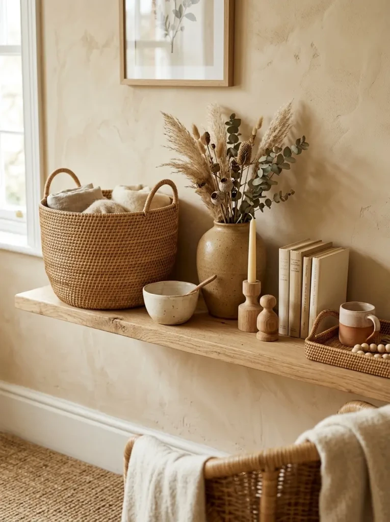 Cozy floating shelf decor using rattan, unfinished wood, and stoneware accessories in warm earthy tones.