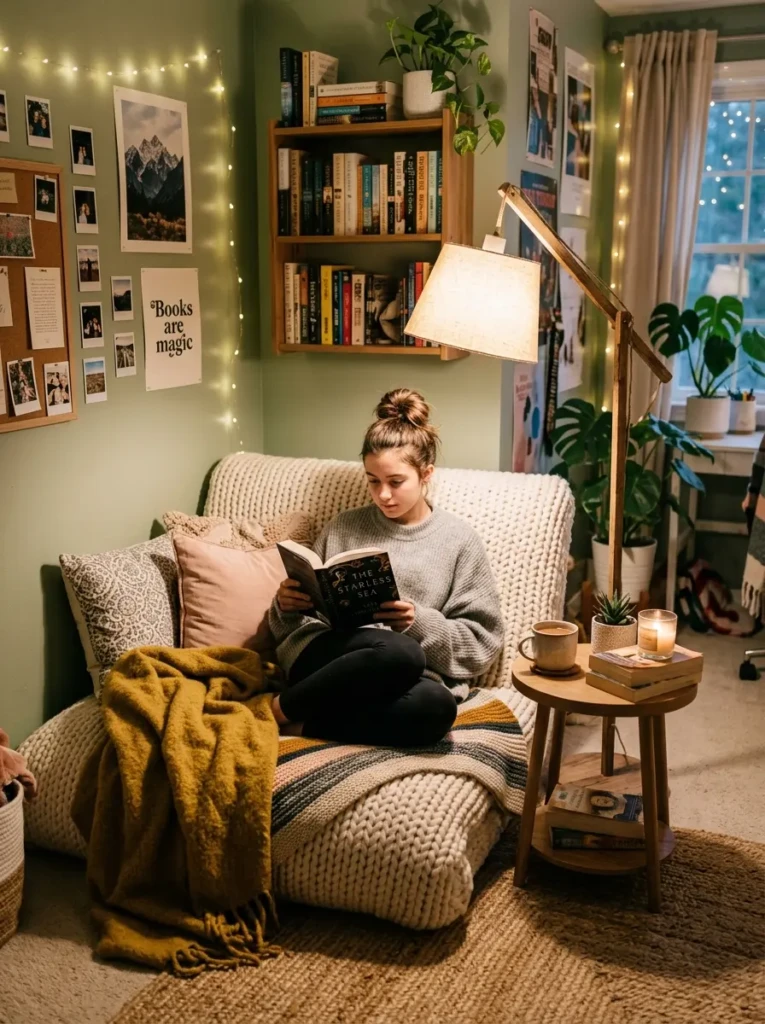 A peaceful reading nook in a teen bedroom with soft cushions, warm lighting, and a relaxing atmosphere