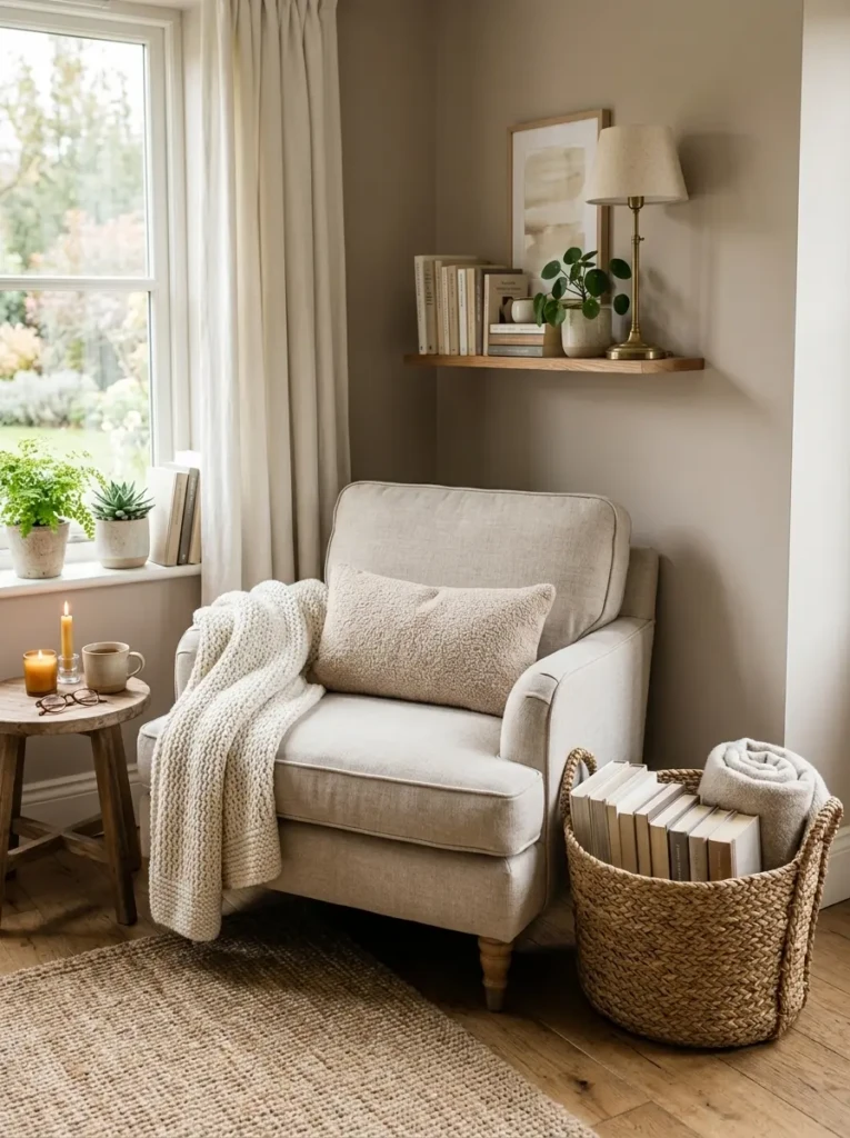 A cozy reading nook with a basket of books, neutral tones, and soft textures.