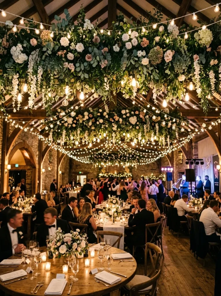 Reception space decorated with hanging flowers and warm lighting for a dreamy atmosphere