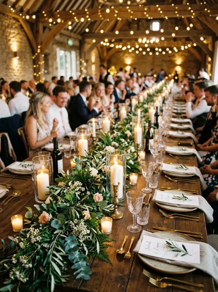 Long wedding table styled with greenery garlands and candles creating a warm and inviting atmosphere