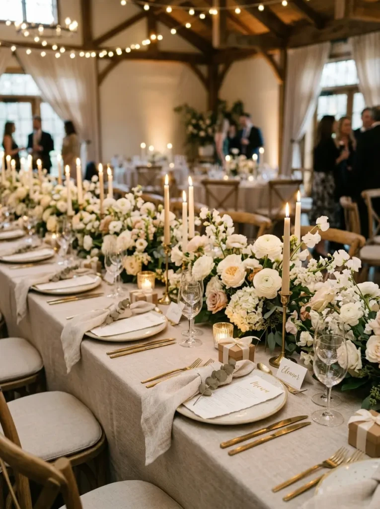 Reception table styled with cream-colored flowers, soft linens, and warm candlelight for an elegant look