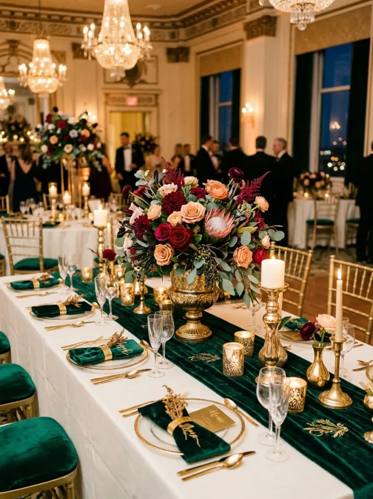 Reception table with velvet runner, gold vases, and bold jewel-toned floral centerpiece