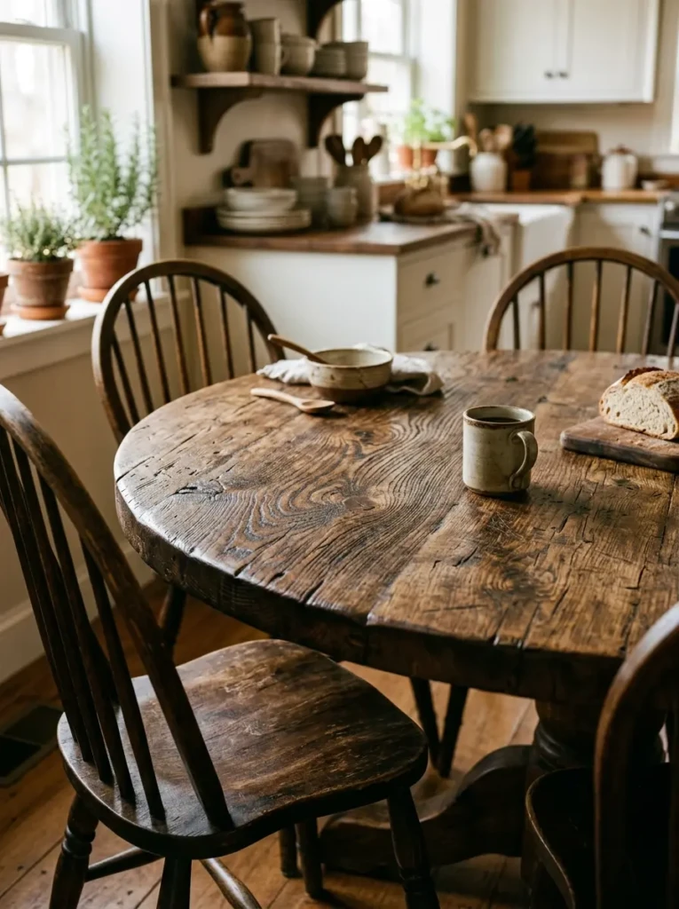 Detailed view of a round reclaimed wood farmhouse kitchen table showing distressed grain and rustic texture.