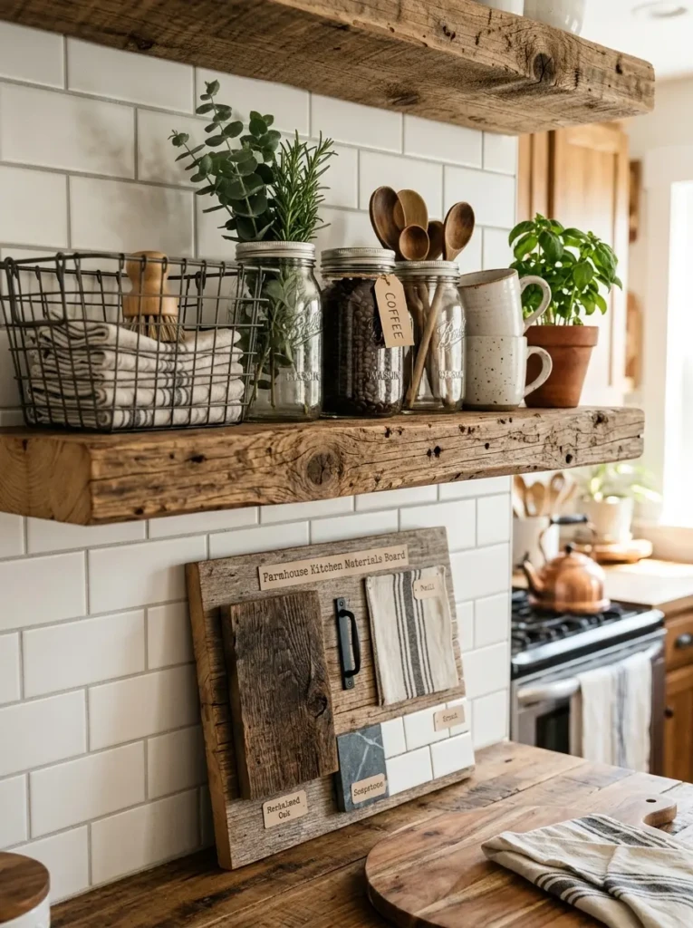Reclaimed wood shelves, galvanized baskets, and mason jars styled for a rustic farmhouse kitchen look.