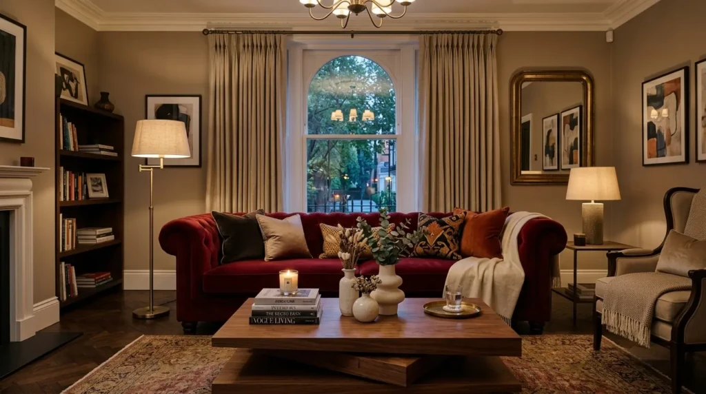 Elegant living room featuring a deep red couch, walnut coffee table, stacked decor books, ivory ceramics, and warm balanced styling.