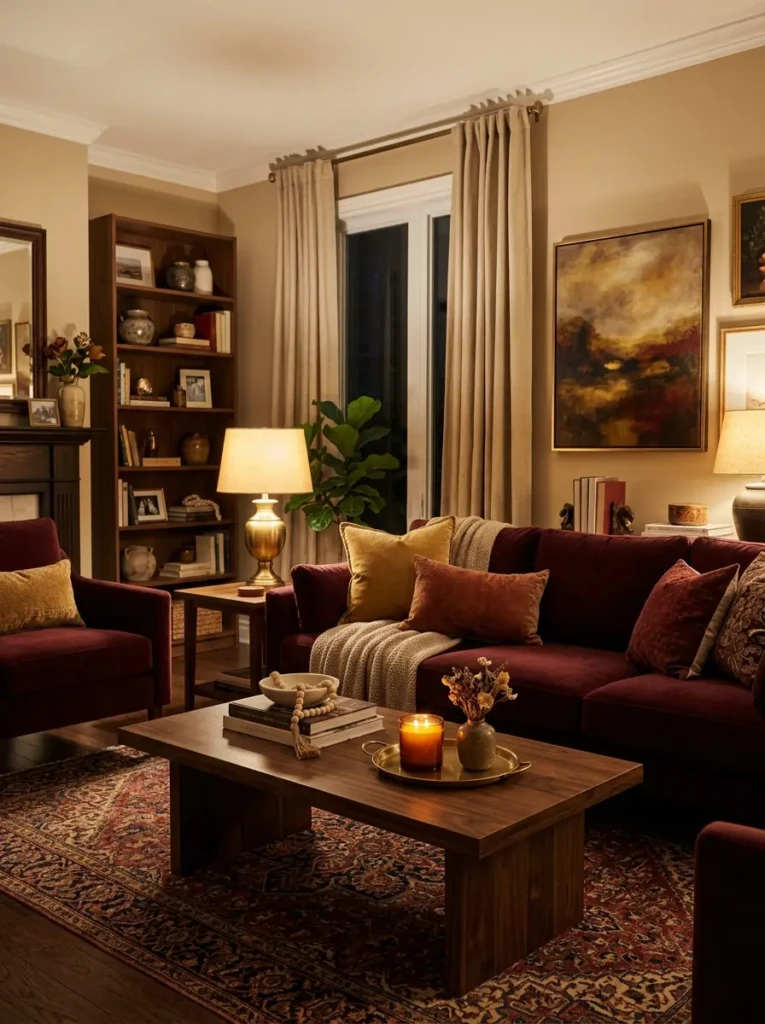 Burgundy red sofa in a cozy living room paired with walnut wood furniture and warm ambient lighting.