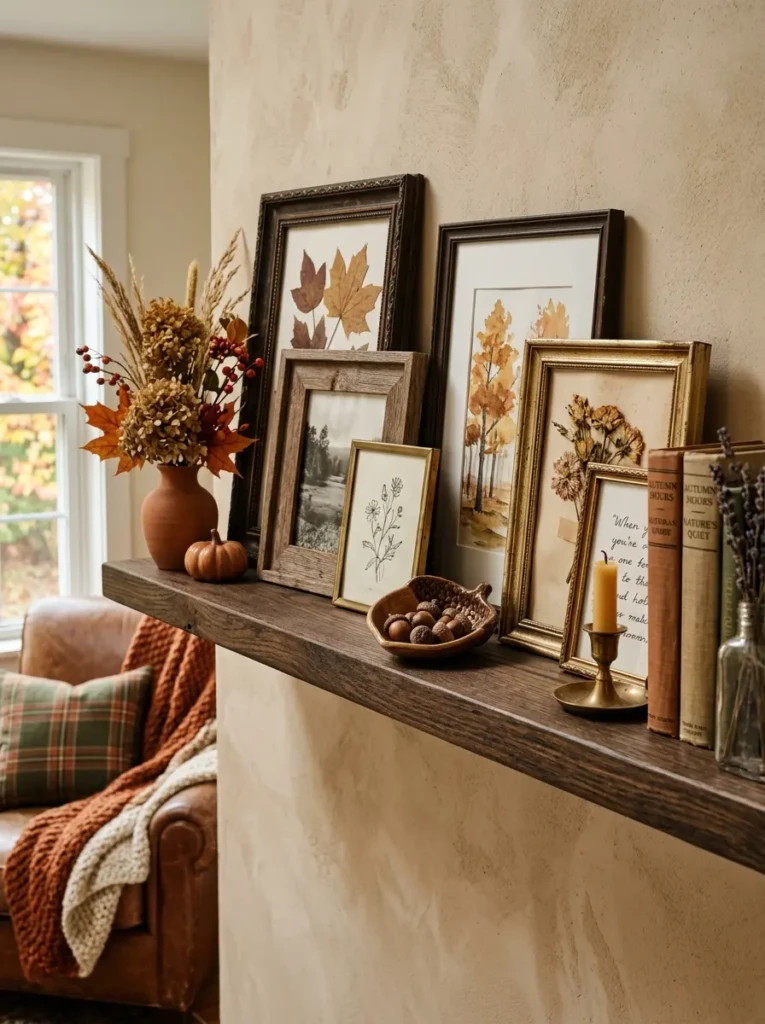 Distressed vintage frames leaning casually on a shelf with a small acorn dish and layered autumn textures.