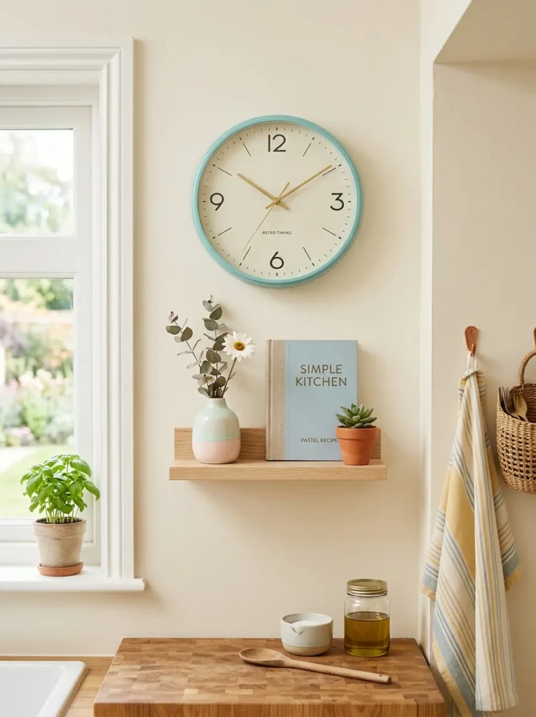 Simple retro clock in soft pastel tones displayed on a kitchen wall.