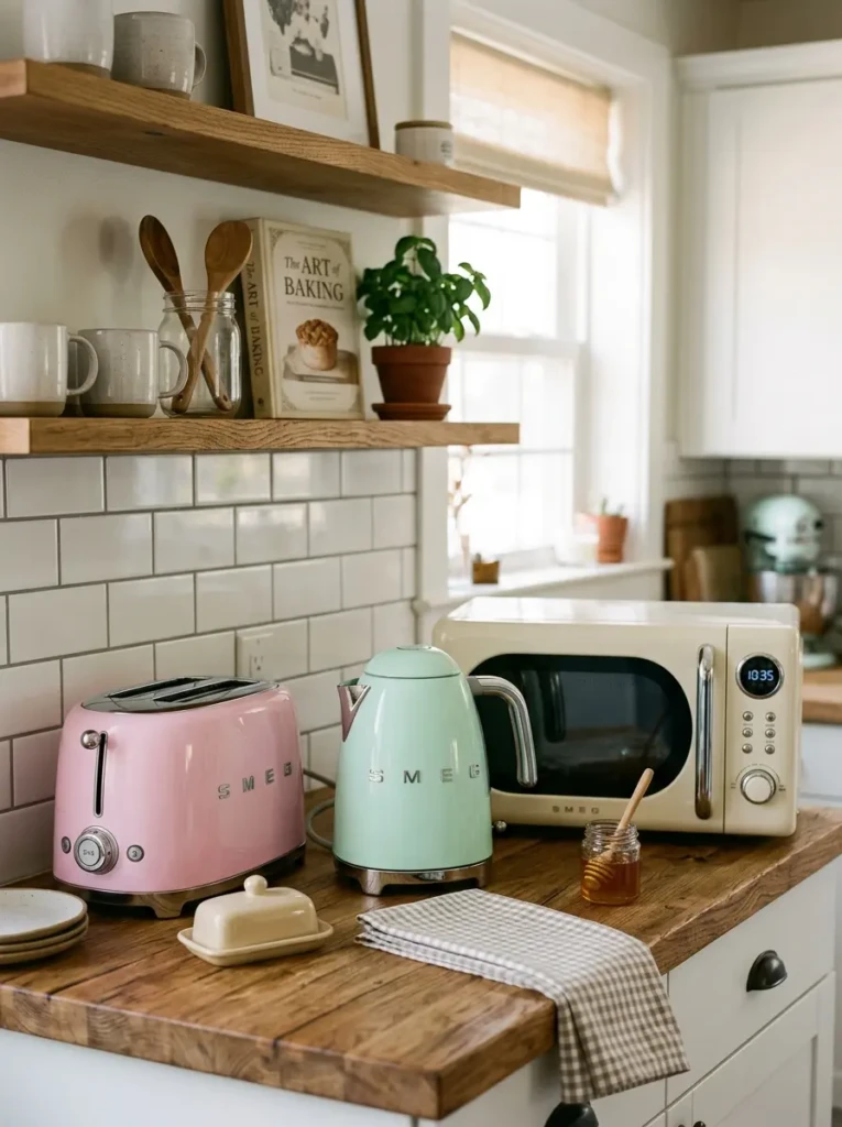 Small retro appliances like toaster and kettle in soft pastel tones arranged on a countertop.