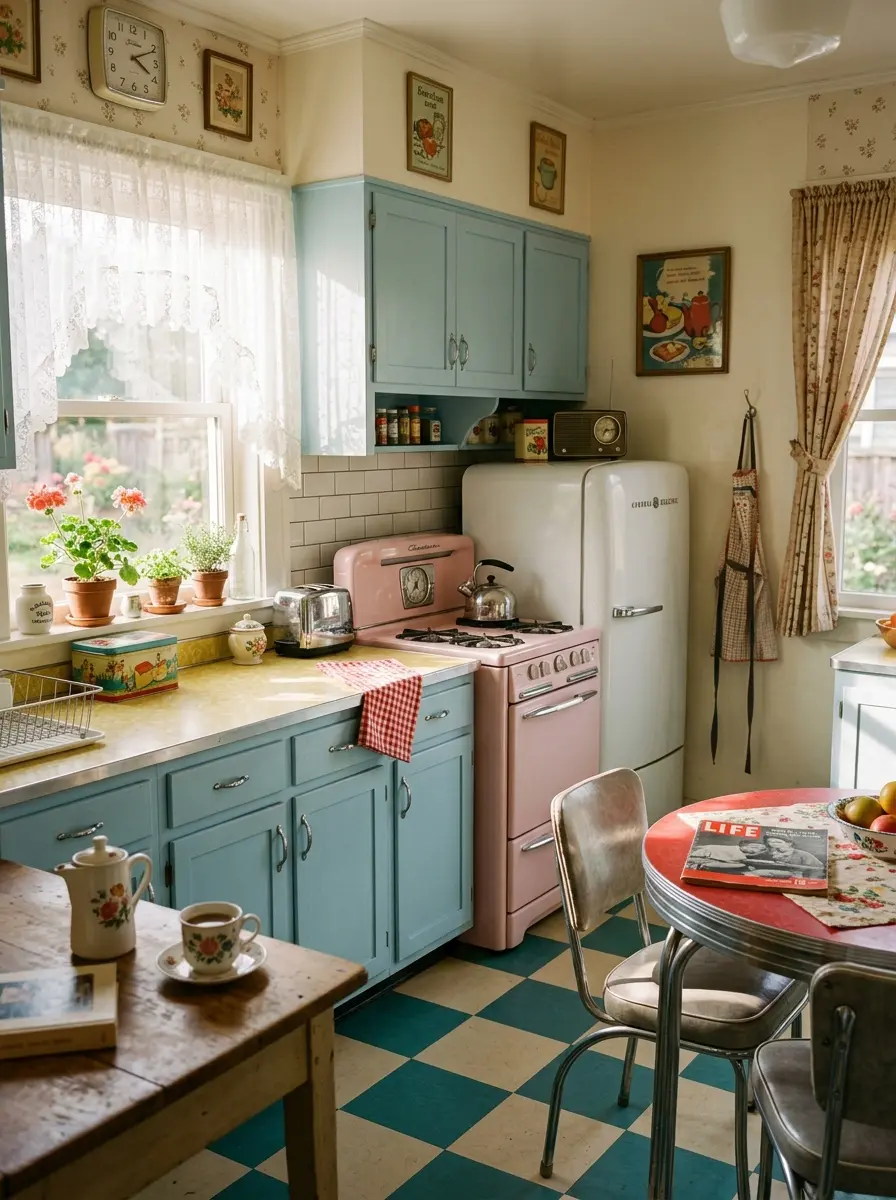 A cozy retro kitchen with pastel cabinets and vintage appliances glowing in soft morning sunlight.