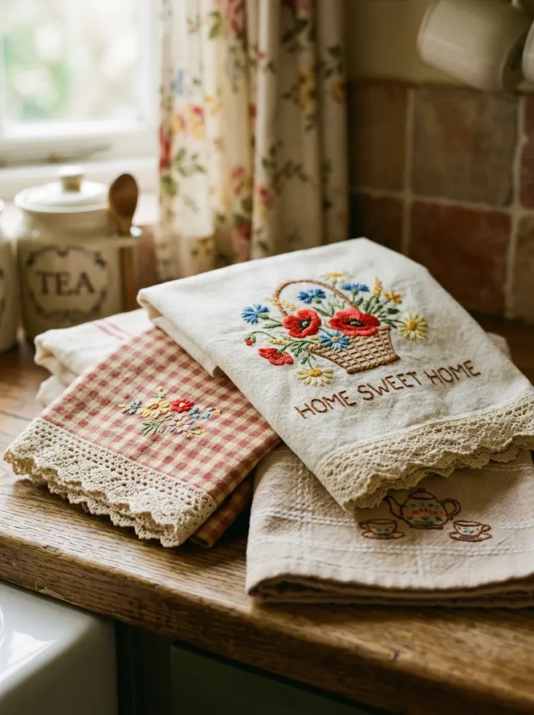 Close-up of retro dish towels and textiles with lace and embroidered accents.