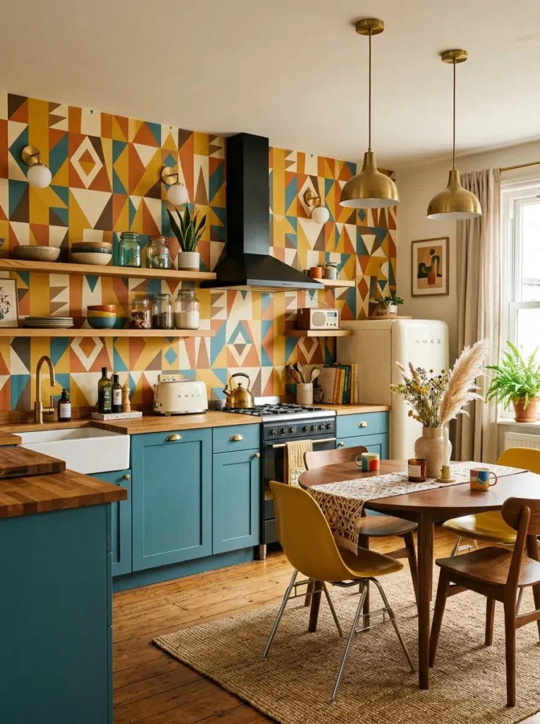 Kitchen featuring a bold geometric retro wallpaper accent wall with warm lighting.