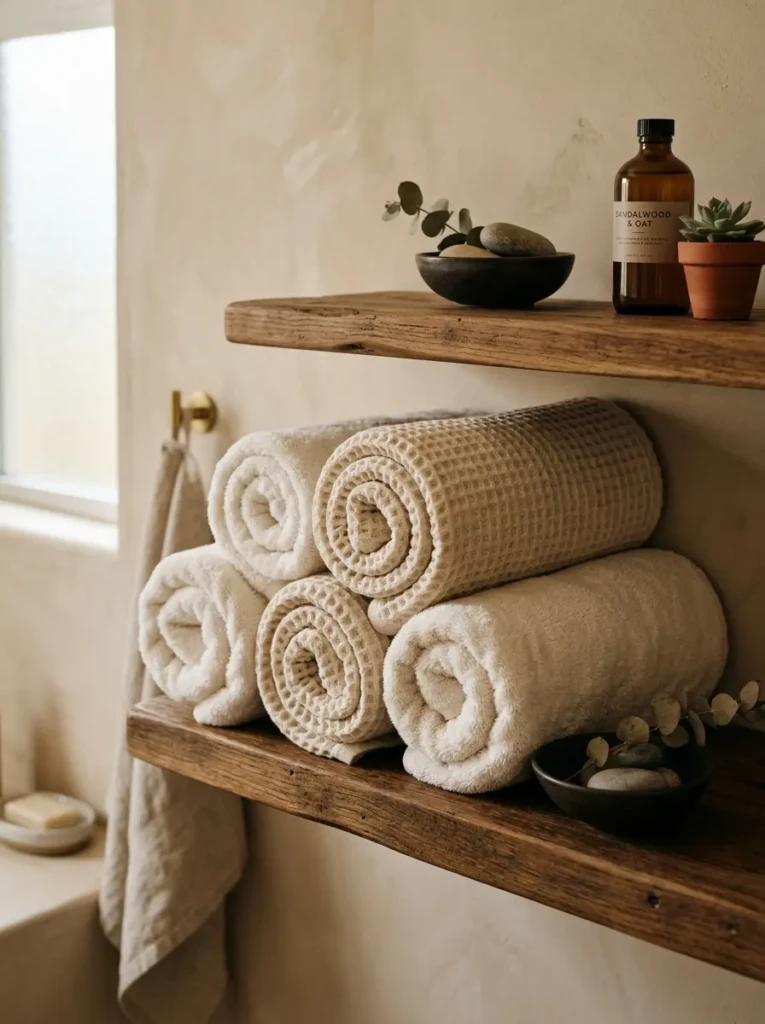 Neatly folded and rolled soft cotton towels in neutral tones styled on a shelf for a spa-inspired bathroom feel