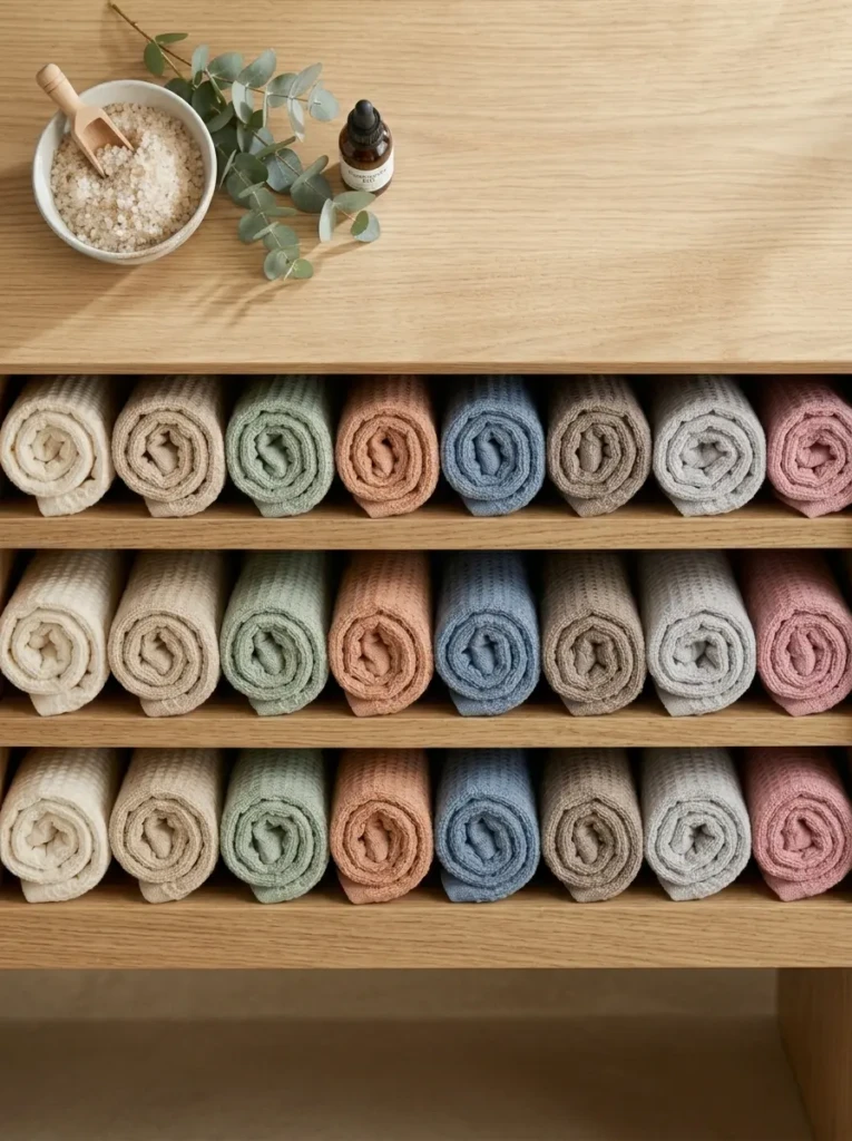 Top view of rolled towels in soft colors displayed in rows on a wooden shelf.