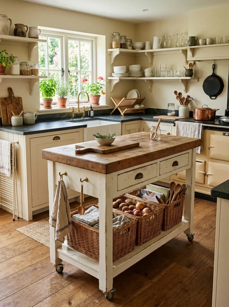 Narrow rolling island with butcher block top and baskets in small farmhouse kitchen.