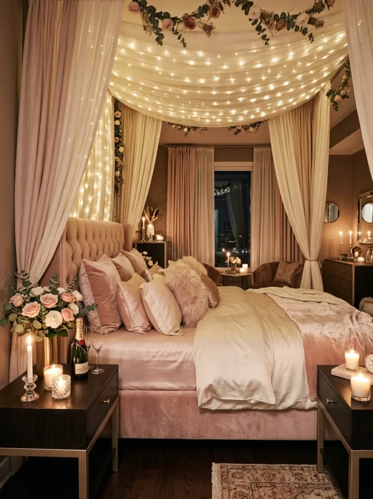 A romantic bedroom featuring a blush upholstered bed, candlelight glow, fairy lights, silk bedding, and flowing curtains.