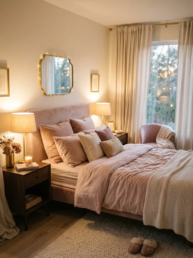 Romantic bedroom with blush bedding, cream curtains, velvet pillows, and warm bedside lighting.