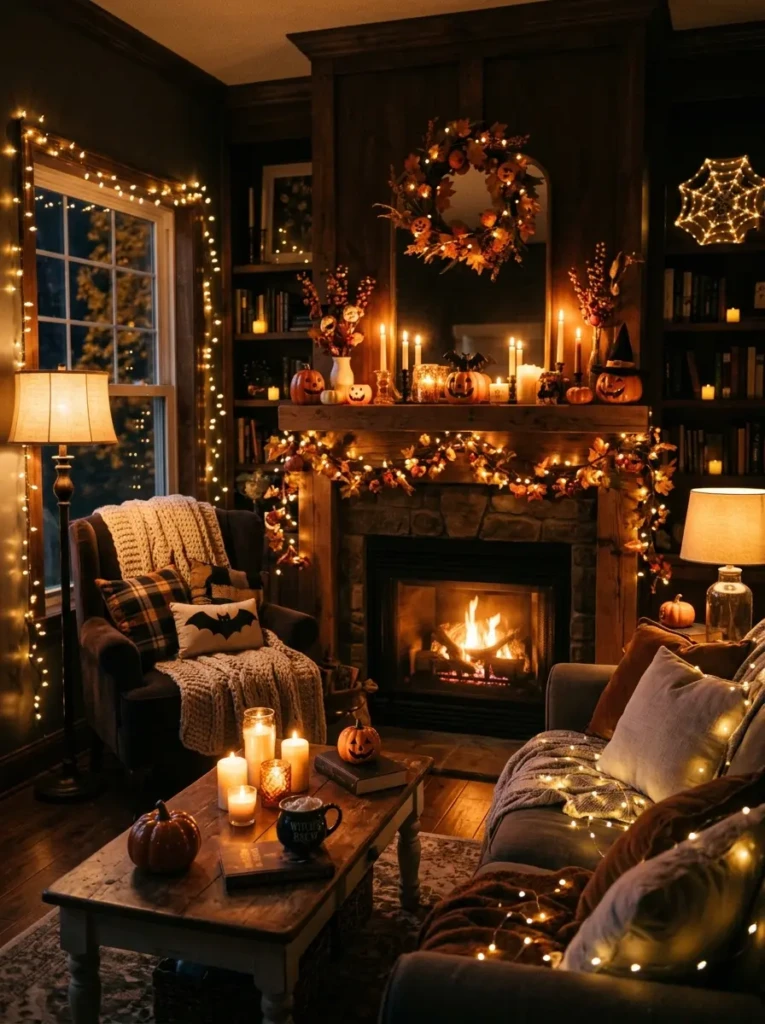 A room lit with fairy lights, candles, and warm lamps creating a soft, dreamy Halloween atmosphere