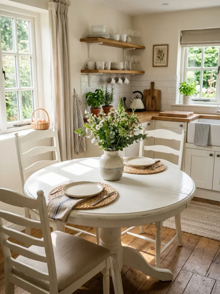Bright white farmhouse kitchen table with woven placemats, ceramic vase, and cozy neutral accessories.