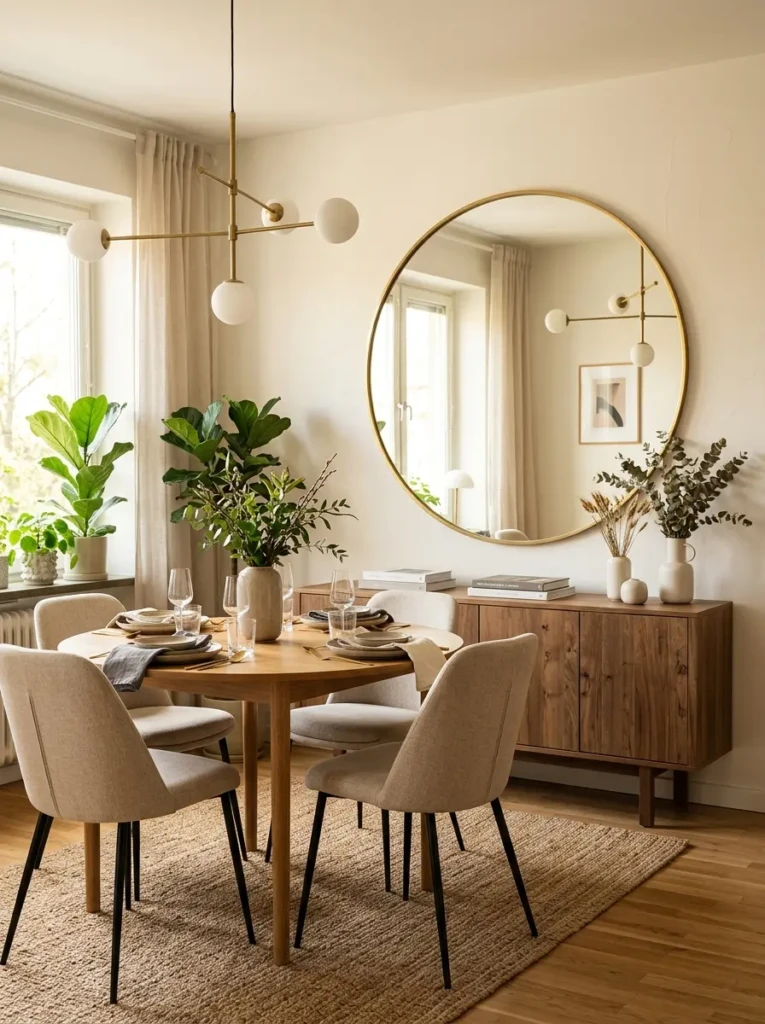 Minimal round mirror above dining space adding brightness and elegance to open concept interior.