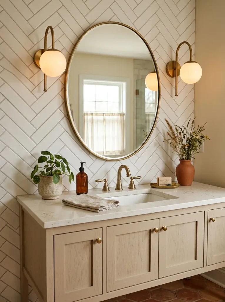 Rounded mirror and curved sconces soften the straight tile lines in a beige neutral bathroom.