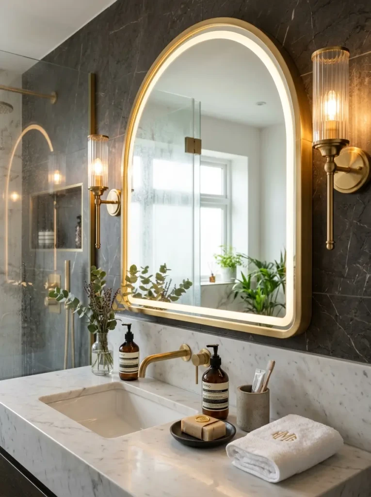 Rounded brass-framed bathroom mirror with soft sconces and elegant countertop styling.